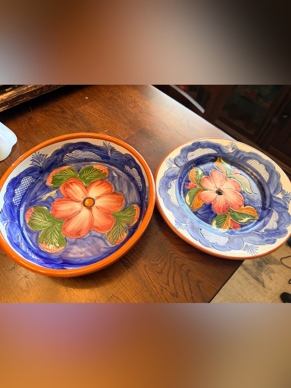 Hand-Painted Floral Ceramic Bowl Portugal Lead Free - Orange & Blue Tortilla